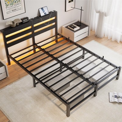 MAYEERTY Queen Size Black Metal Wooden Headboard Bed Frame RGB Lights Charger Storage Shelf Noise Free No Box Spring Needed