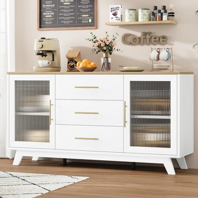 Sideboard Buffet Cabinet with 2 Fluted Glass Doors, 56" Modern Coffee Bar Cabinet with 3 Large Drawers