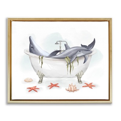 Stupell Industries Relaxing Dolphins Swimming Bathtub Nautical Starfish Black Floater Framed Canvas Wall Art
