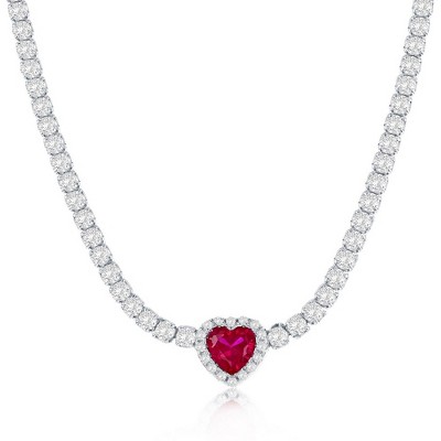 Bella Silver Sterling Silver, Heart CZ Tennis Necklace - Ruby - Red - 16+2 Inch