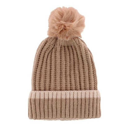 CTM Women's Ribbed Knit Stripe Winter Beanie Hat with Pom