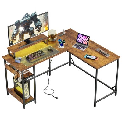 GALAXHERO 55 Inch L-Shaped Gaming Desk with Power Outlets & LED Lights, Corner Desk with Hook, Convertible Office Desk for Bedroom