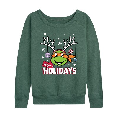 Women's - Teenage Mutant Ninja Turtles - Happy Holidays Lightweight French Terry Wide Neck Long Sleeve Graphic Shirt