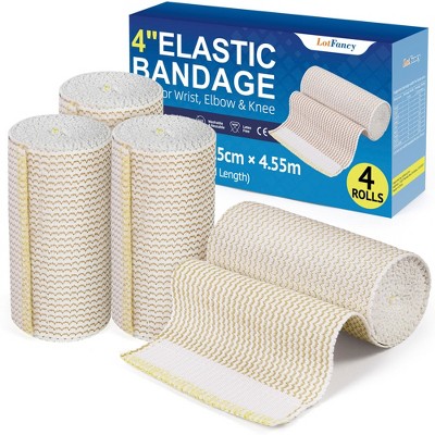 LotFancy Elastic Bandage Wrap, (4" Wide x 15 Feet), 4 Pack Cotton Compression Bandages with Self-Closure on Both Ends