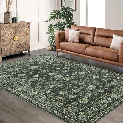 Indoor Washable Area Rug, Vintage Living Room Carpet, Floral Bedroom Retro Accent Throw Rug Office Dining Room Nursery, Brown/Black/Gray/Green