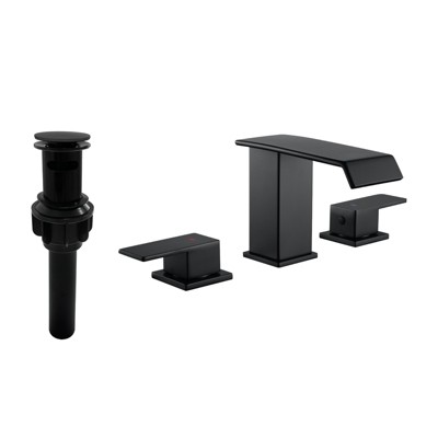 Cobbe Matte Black Bathroom Sink Faucet 3-Hole Double Handle Widespread Faucet with Pop-up Drain and Supply Hoses
