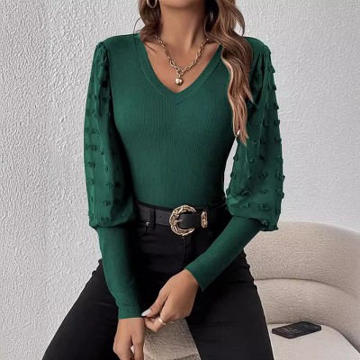Women's Ribbed V-Neck Top with Textured Puff Sleeves - Slim-Fit Knit Blouse for Casual & Dressy Occasions