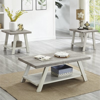 Roundhill Furniture Athens Contemporary 3-Piece Wood Shelf Coffee Table Set in Weathered Gray and Beige