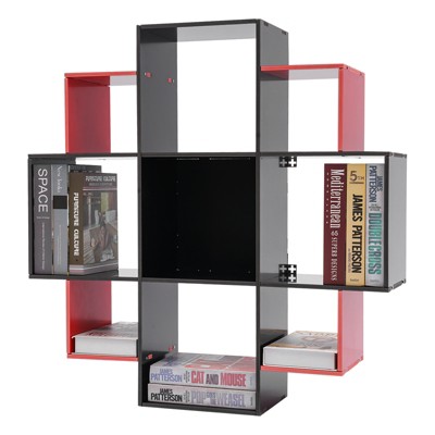 YIYIBYUS Creative Wall Mounted Bookcase Book Shelf Black and Red Bookcase with 9 Compartments