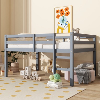 KTMBDW 44.3'' Tall Junior Low Loft Bed with Stairs, Wood Loft Bed Twin/Full Size for Adults, Kids and Young Teens, Wood Slat Support