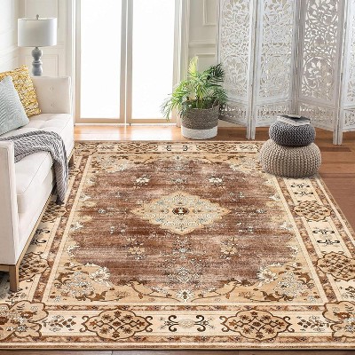 Phulwari Area Rugs Washable, Vintage Bohemian Distressed Oriental Carpet Non Slip, Floral, for Living Room Bedroom Kitchen Nursery Kids Room