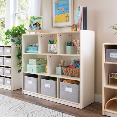 Guidecraft EdQ 3-Shelf 8-Compartment Storage 36": Wooden Playroom Furniture with Cubbies and Bins for Kids Books and Toys