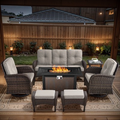 POCASSY 7 Piece Outdoor Patio Furniture Set with Fire Pit Table, Brown Rattan Wicker Modern Patio Furniture Set with Propane Fire Pit
