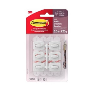 Command 12pk Damage Free Mini Hooks White: Adhesive Plastic Hooks for Stockings & Lights, 0.5 lb Capacity, 6 Pack - 1 of 4