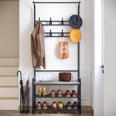 Acekool Hall Tree Shoe Bench with 8 Hooks, 2 Storage Shelves & Sturdy Steel Frame, Space-Saving Entryway Coat Rack and Shoe Organizer