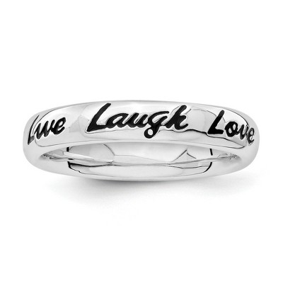 Black Bow Jewelry 4mm Sterling Silver Stackable Black Enamel Live Laugh Love Script Band