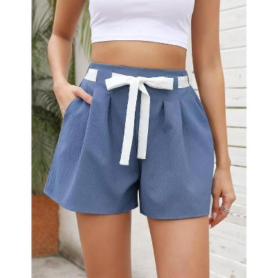 Womens High Waisted Pleated Tie Waist Casual Shorts Elastic Waist Wide Leg Shorts