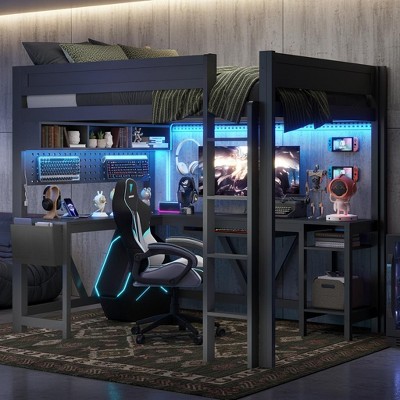 Polibi Full Size Gaming Loft Bed with Desk, Shelves, Outlets, USB Ports & 7-Color LED Light Strip