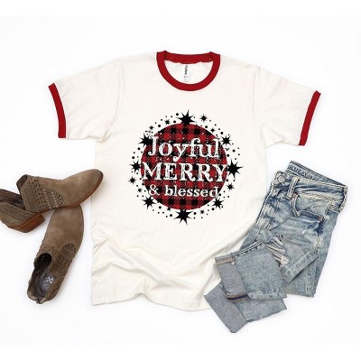 Simply Sage Market Women's Joyful Merry And Blessed Short Sleeve Ringer Tee