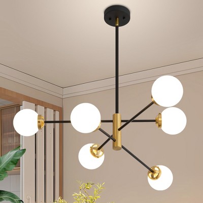 POWLIG 6-Light Modern Sputnik Chandelier with 4.7" Milky White Glass Shades - Adjustable Height, 29.61 Inch, Sphere Ceiling Light