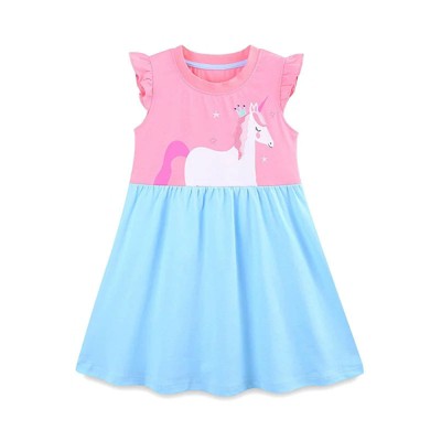 MyKids-USA Summer Hot Selling Cute Unicorn Cartoon Pattern Fly Sleeves Color Patchwork Dress for Stylish Girls