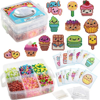 4,000pc Fuse Beads Sweet Treats w Case -17 Colors, 12 Unique Templates, 2 Peg Boards, Tweezers, Ironing Paper - Craft Project, School Activity