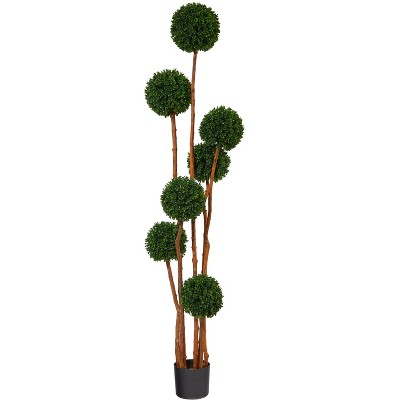 Nearly Natural 6-ft Boxwood Ball Topiary Artificial Tree with Natural Trunk UV Resistant (Indoor/Outdoor)