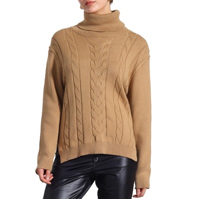 Allegra K Women's High Low Split Long Sleeve Turtleneck Cable Knit Sweater Jumpers