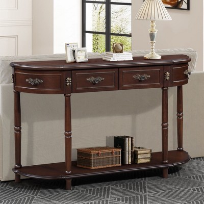 ORRD 52" Retro Curved Console Table - Half Moon Sofa Table w/ 2 Drawers & Shelf, Solid Wood Entryway Table for Living Room & Hallway（White）