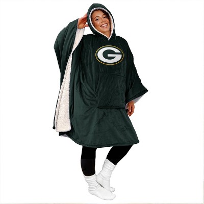 NFL Green Bay Packers Team Color Bloncho with Logo Patch and Faux Shearling Inside Throw Blanket