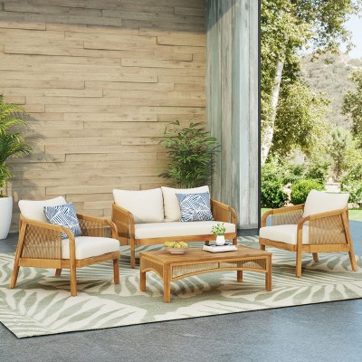 Christopher Knight Home Allerton Outdoor Acacia Wood and Wicker 4 Seater Chat Set with Cushions, Teak and Beige