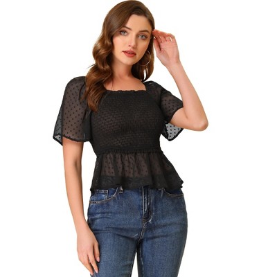 Allegra K Women's Smocked Square Neck Semi-Sheer Ruffle Summer Swiss Dots Blouse