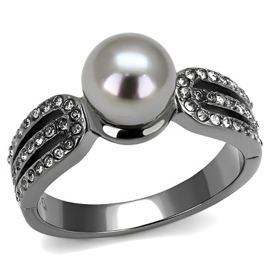 Slickblue Women's Stainless Steel Ring with Gray Synthetic Pearl, IP Black Plating, Size 6