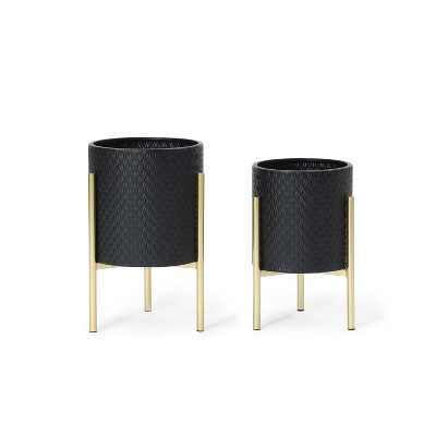 LuxenHome 2-Piece Diamond Pattern Round Metal Cachepot Planter Set