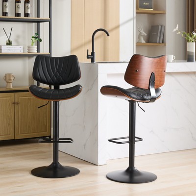 Set of 2 360° Swivel Bar Stool Height Adjustable Counter Stool Dining Chair Pub Kitchen Stool, Walnut+Black/Beige - ModernLuxe