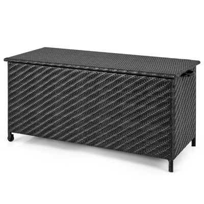 WELLFOR 85gal Outdoor Wicker Storage Box with Removable Liner and 2 Wheels Black