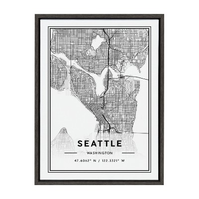 Kate and Laurel Sylvie Seattle Modern Map Framed Canvas by Jake Goossen, 18x24, Dark Gray