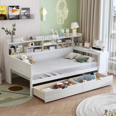 KIGFTSOD Wooden Daybed with Storage Shelves, Multi-functional Bed with Two Storage Drawers and Study Desk