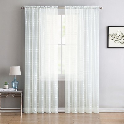 Kate Aurora 2 Piece Rod Pocket White Plaid Sheer Voile Window Curtain Panels
