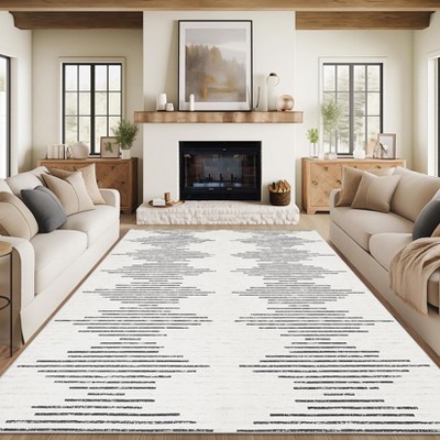 Modern Striped Rug for Living Room, Large Non-Slip Low Pile Diamond Washable Rugs, Stain-Resistant Contemporary Geometric Soft Indoor Carpet