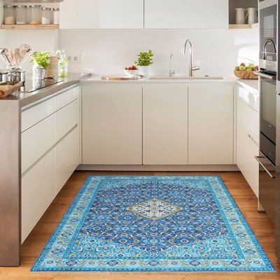 Washable Vintage Rug Non Slip Low Pile Rug Soft Retro Throw Floor Cover Foldable Indoor Carpet for Living Room Bedroom Playroom Nursery
