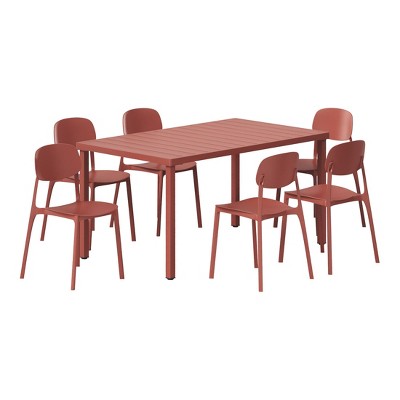 WestinTrends Playa 7-Piece Outdoor Rectangular Metal Patio Dining Table Set With Mid-Century Modern Stackable Patio Side Chairs