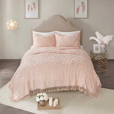 PDTEND 3-Piece King/Cal King Size Tufted Cotton Chenille Medallion Fringe Coverlet Set