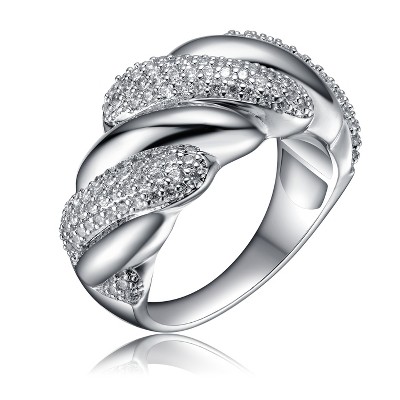 Guili Rhodium-Plated Sterling Silver Scalloped Sea Shell Ring with Dazzling Cubic Zirconia, Elegant Design, Ideal for Special Occasions, Sizes 6-8.