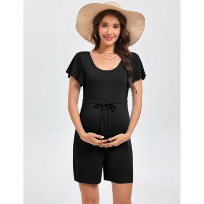 Coolmee Women's Maternity Romper Solid Crew Neck Flutter Short Sleeve Rompers Drawstring Waist Bodysuit Short Pants Maternity Clothes M Black
