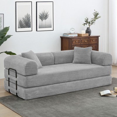 Dolonm 77.9" Teddy Corduroy Sofa Foldable sofa Bed Compressed boneless sofa with 2 cushions