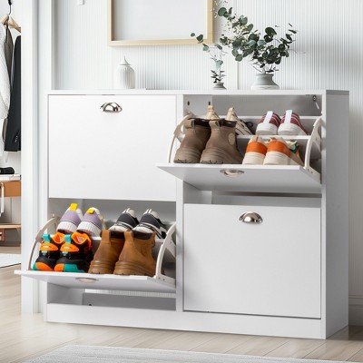 KTMBDW Shoe Cabinet with 4 Flip Drawers, Shoe Storage Cabinet for Entryway, Freestanding Hidden Shoe Cabinet Organizer, Narrow Shoe Rack, White