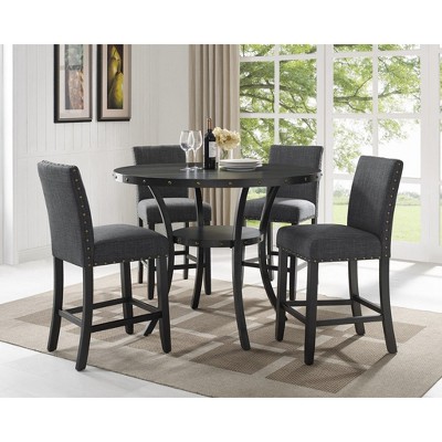 Roundhill Furniture Biony Espresso Wood Counter Height Dining Set with Gray Fabric Nailhead Stools