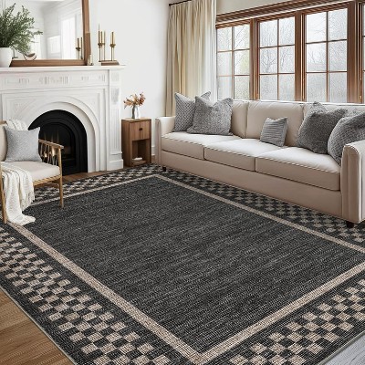 Washable Area Rug Living Room Rugs Modern Bordered Soft Throw Carpet Low Pile Non Slip Checkered Bedroom Rug Geometric Carpet for Nursery