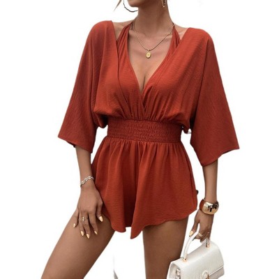 Women's Jumpsuit Summer V Neck Button Short Ruffle Sleeve Smocked Mini Short Romper
